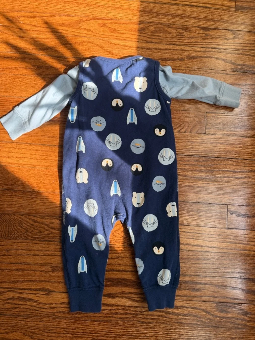 Hanna Andersson Baby Navy Animal Print One-Piece Romper with Light Blue Sleeves